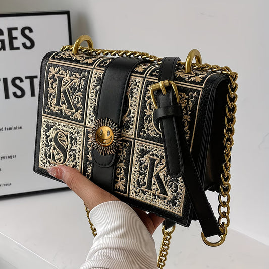 LABOONOO Women’s Chain Crossbody Bag – Geometric Embroidery, Buckle Detail, Small Square Commuter Purse