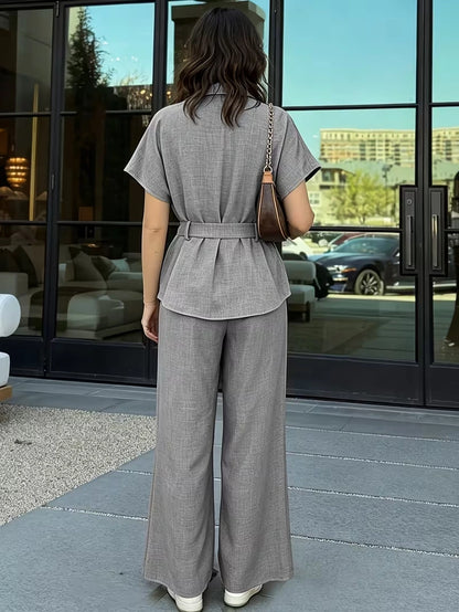 Relaxed Drawstring Co-Ord Set – Lapel Long Sleeve Top & Wide-Leg Pants