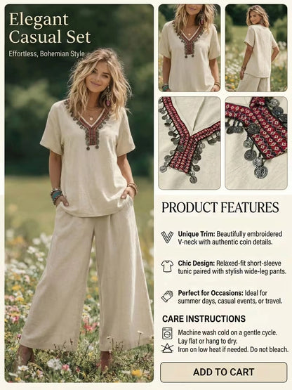 Women's Vintage Floral Wide-Leg Co-Ord Set – Elegant 2-Piece Outfit