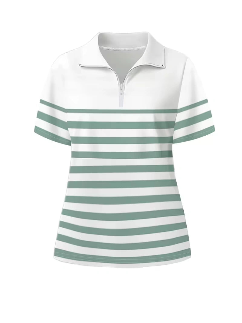 Women's Summer Striped Casual Co-Ord Set | Half-Zip Polo Top & Wide-Leg Pants 2-Piece Outfit