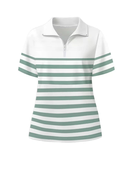 Women's Summer Striped Casual Co-Ord Set | Half-Zip Polo Top & Wide-Leg Pants 2-Piece Outfit