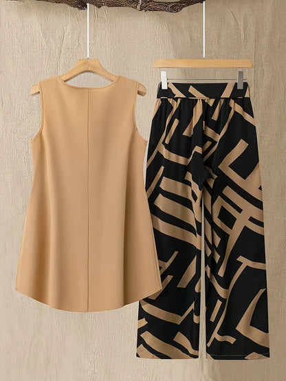 Plus Size Floral Elegance Co-Ord Set with Asymmetrical Tunic & Wide-Leg Pants