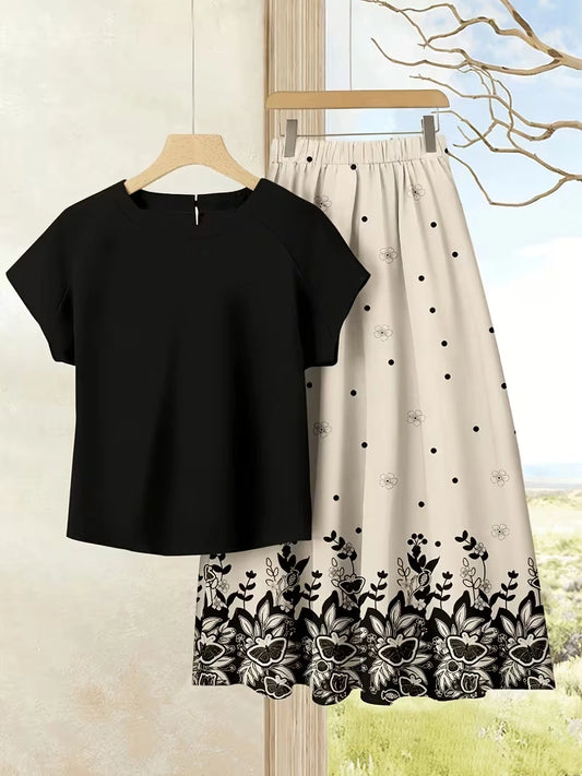 Women's Summer Casual Skirt Co-Ord Set | Solid Top & Printed Skirt 2-Piece Outfit