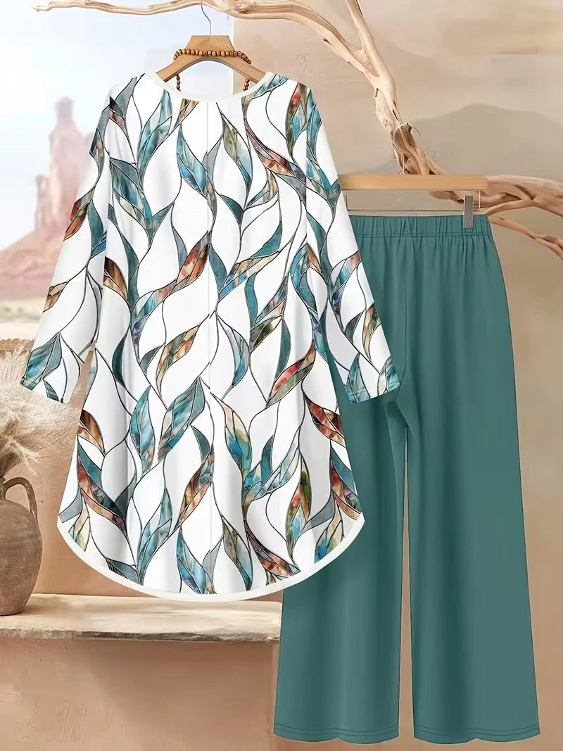 Plus Size Floral Elegance Co-Ord Set with Asymmetrical Tunic & Wide-Leg Pants