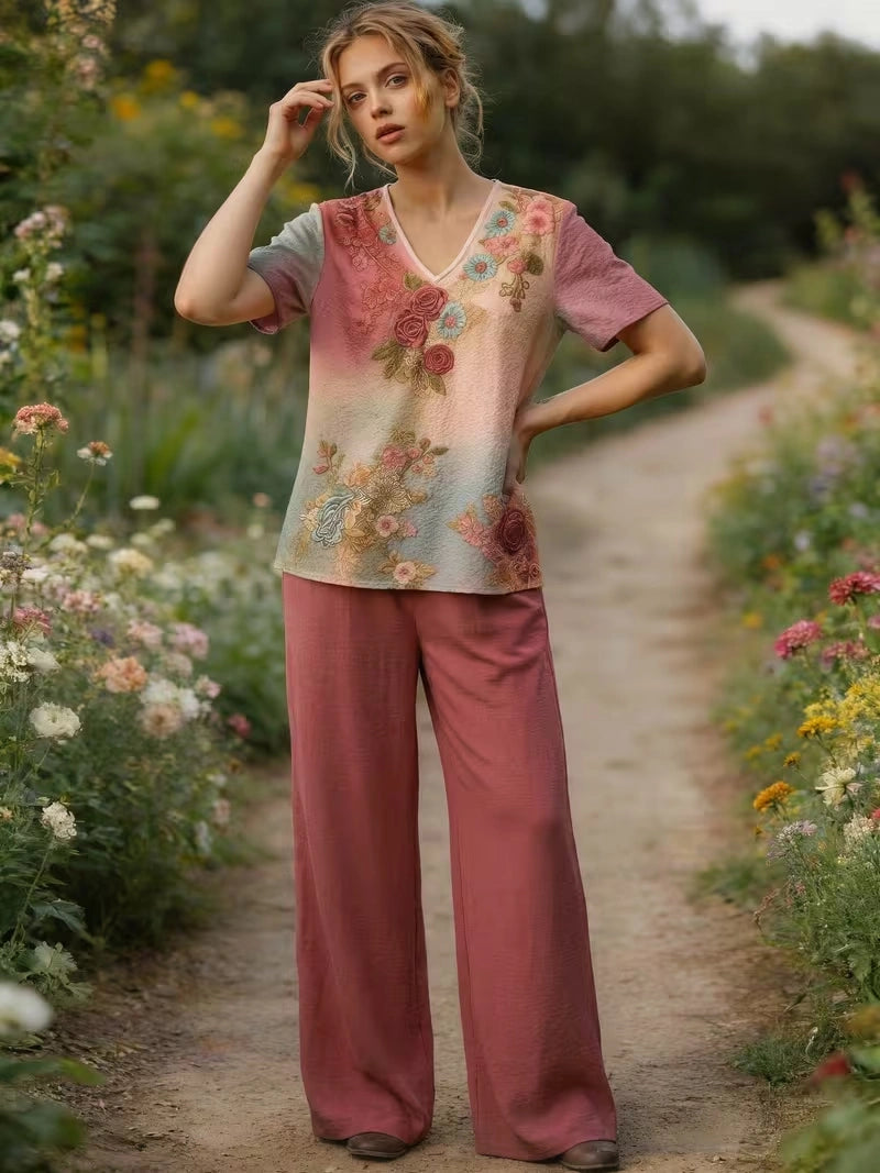 Women's Vintage Floral Wide-Leg Co-Ord Set – Elegant 2-Piece Outfit