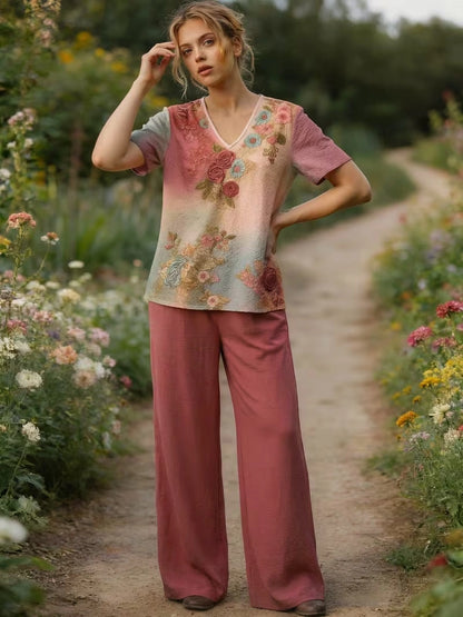Women's Vintage Floral Wide-Leg Co-Ord Set – Elegant 2-Piece Outfit