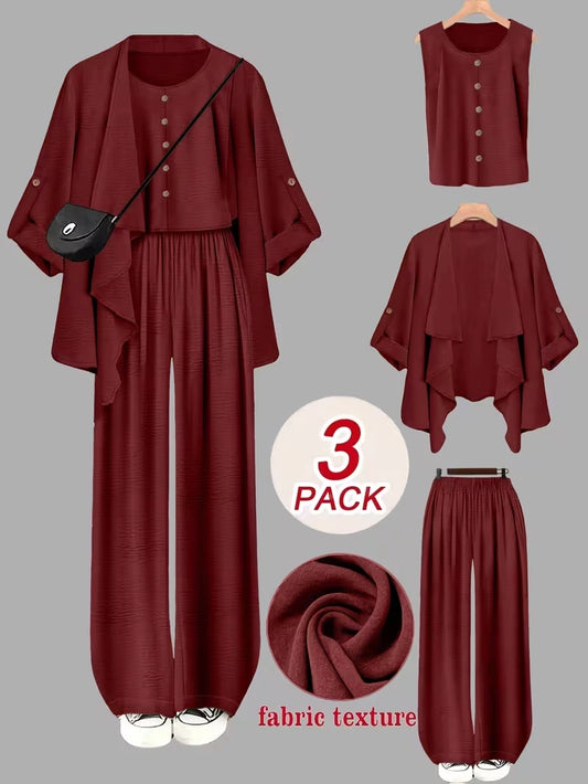 Elegant 3-Piece Co-Ord Set – Cardigan Jacket, Sleeveless Top & Relaxed Pants