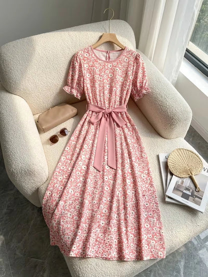 Women's Timeless Polka Dot Midi Dress – Puff Sleeve Belted Fit & Flare Dress