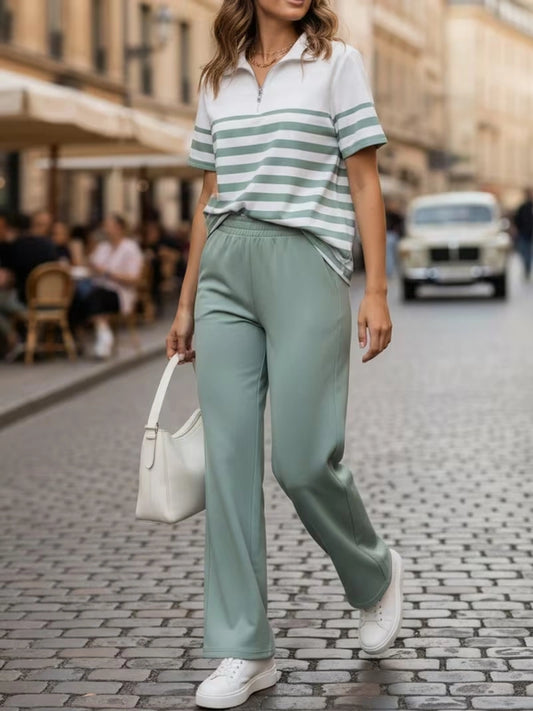 Women's Summer Striped Casual Co-Ord Set | Half-Zip Polo Top & Wide-Leg Pants 2-Piece Outfit