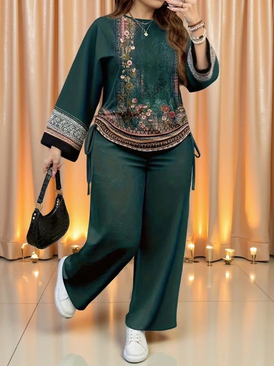 Plus Size Vintage Print Co-Ord Set – Relaxed Long Sleeve Top & Wide-Leg Pants