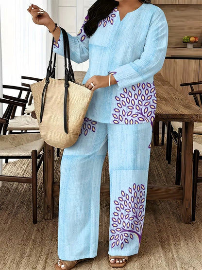 Women's Ethnic Leaf Print Boho Co-Ord Set – Long Sleeve Top & Wide-Leg Pants (2-Piece)