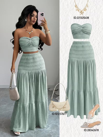 Women’s Mint Green Ruched Crop Top & Maxi Skirt Co-Ord Set