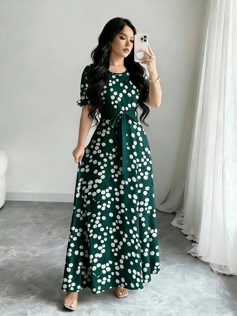 Women's Timeless Polka Dot Midi Dress – Puff Sleeve Belted Fit & Flare Dress
