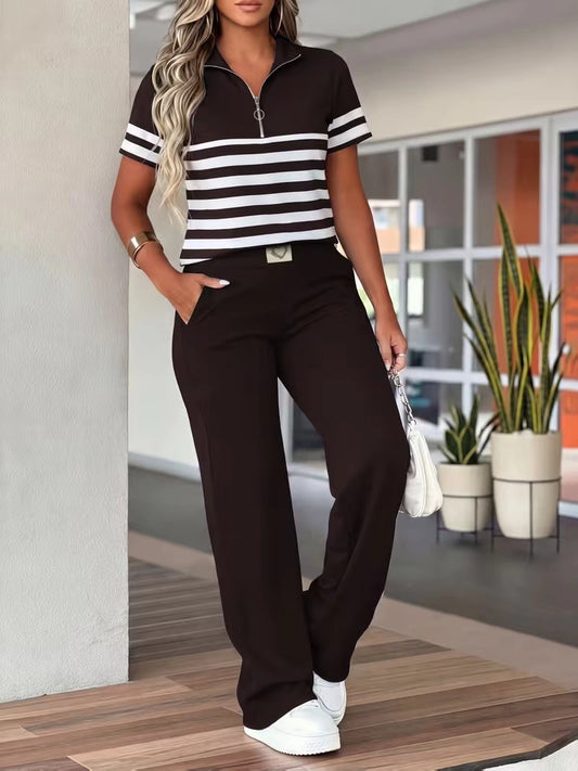 Women's Summer Striped Casual Co-Ord Set | Half-Zip Polo Top & Wide-Leg Pants 2-Piece Outfit