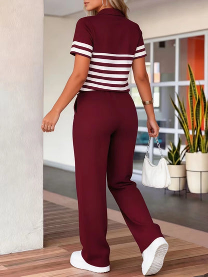 Women's Summer Striped Casual Co-Ord Set | Half-Zip Polo Top & Wide-Leg Pants 2-Piece Outfit