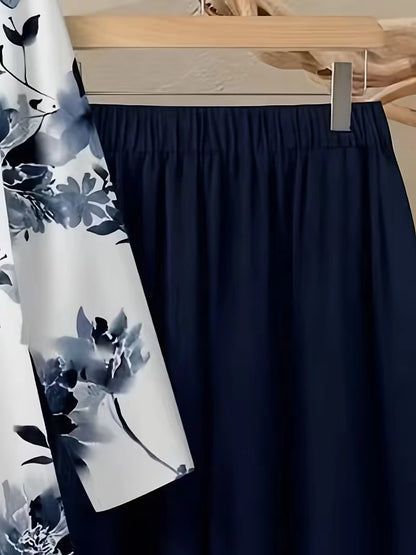 Plus Size Floral Elegance Co-Ord Set with Asymmetrical Tunic & Wide-Leg Pants