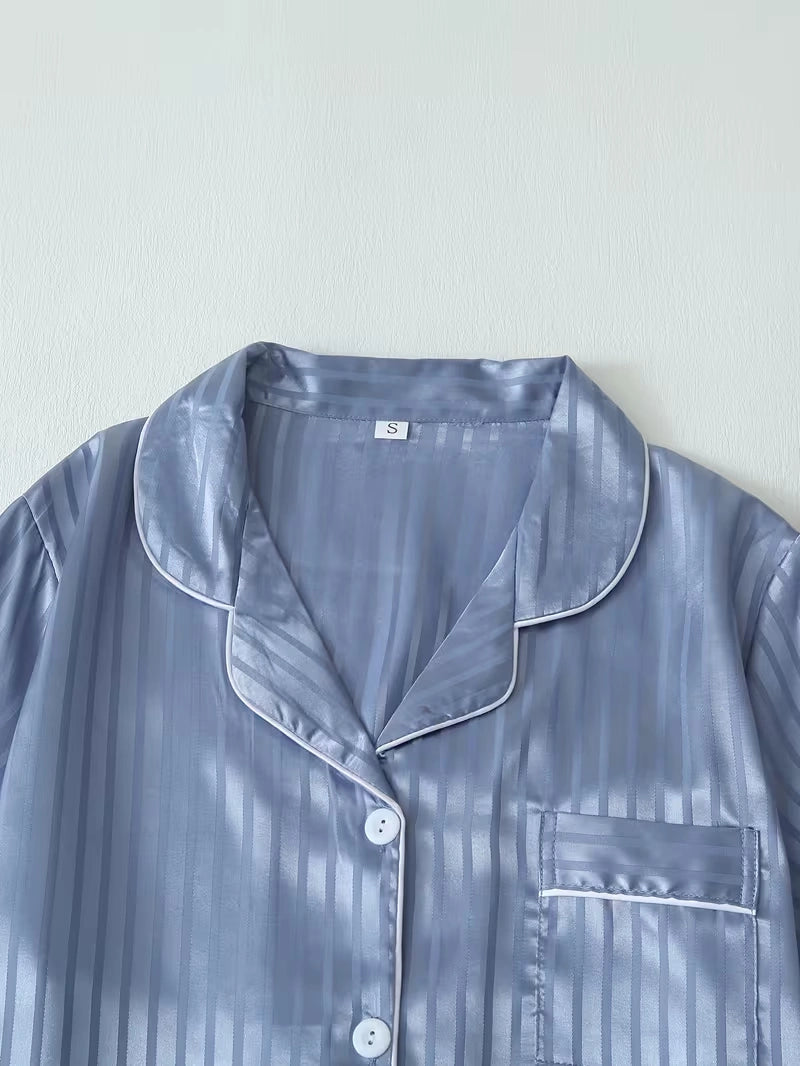 Women's 2-Piece Satin Stripe Pajama Set with Button-Up Shirt & Relaxed Shorts