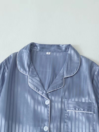 Women's 2-Piece Satin Stripe Pajama Set with Button-Up Shirt & Relaxed Shorts