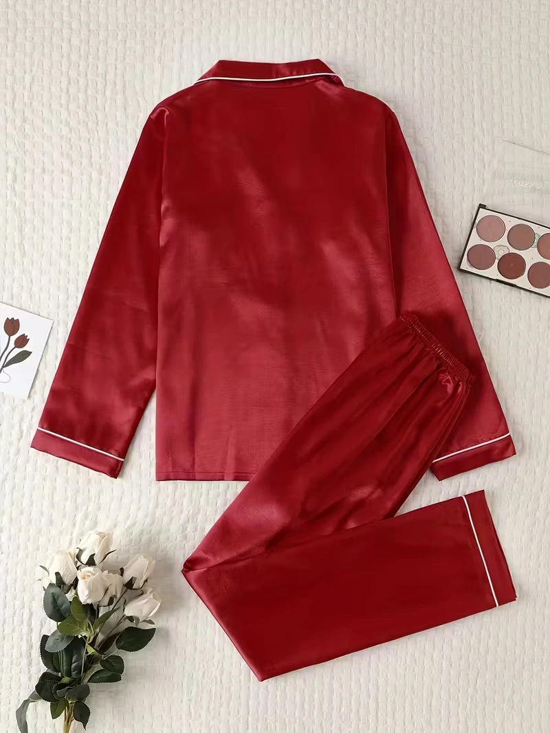 Women's 2-Piece Satin Stripe Pajama Set with Button-Up Shirt & Relaxed Shorts