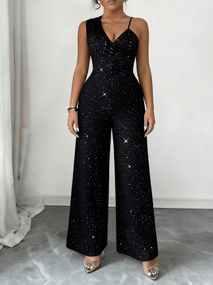 Women’s Black Glitter Wide-Leg Jumpsuit