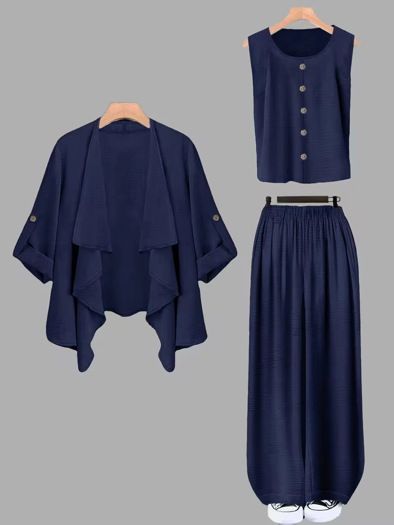 Elegant 3-Piece Co-Ord Set – Cardigan Jacket, Sleeveless Top & Relaxed Pants