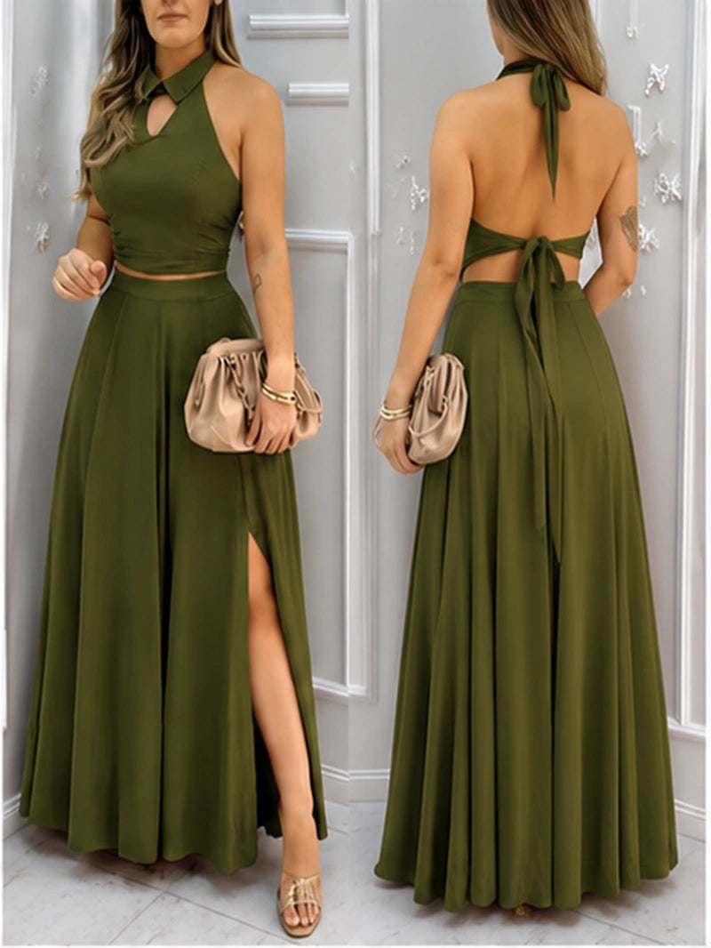 Elegant Halter Neck Co-Ord Skirt Set – Backless Crop Top & High-Slit Maxi Skirt