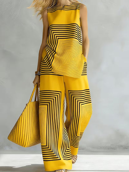Women's Chic Striped Lounge Co-Ord Set with Slit Vest & Pants