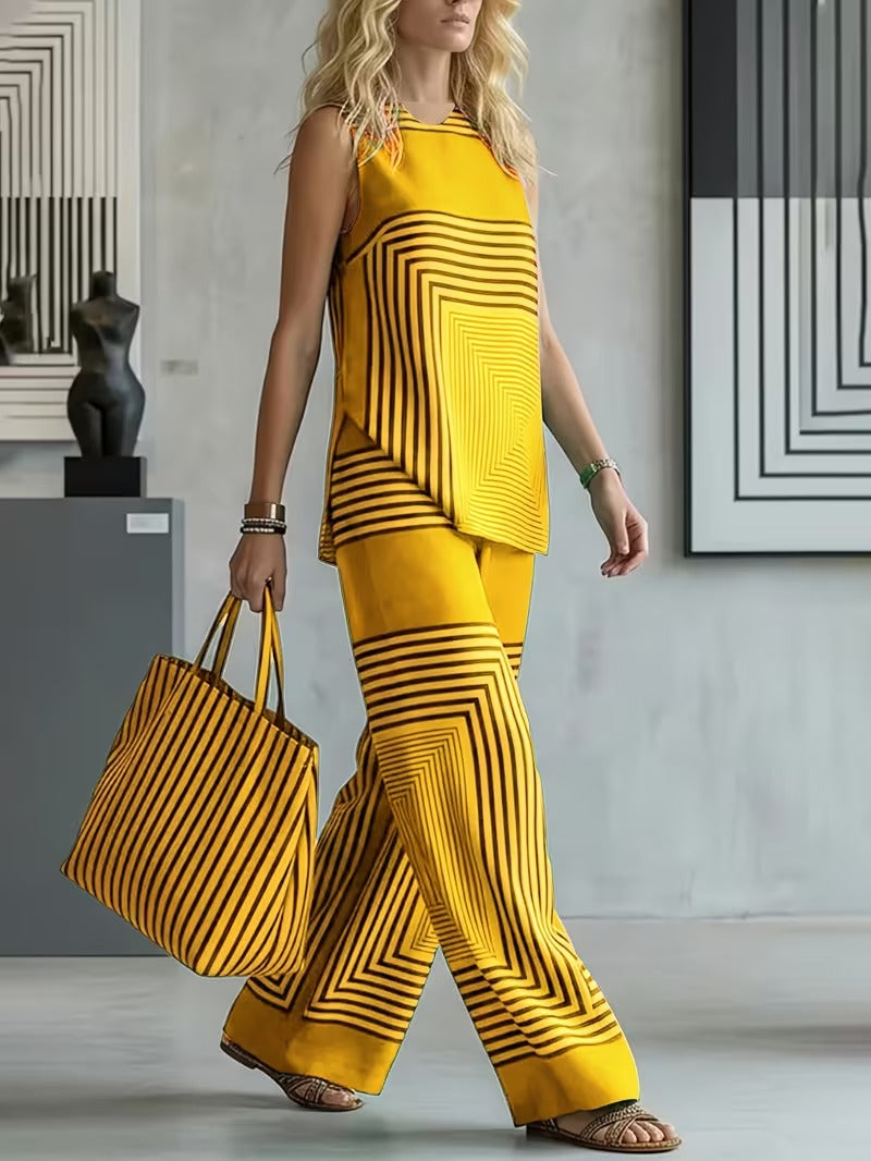 Women's Chic Striped Lounge Co-Ord Set with Slit Vest & Pants