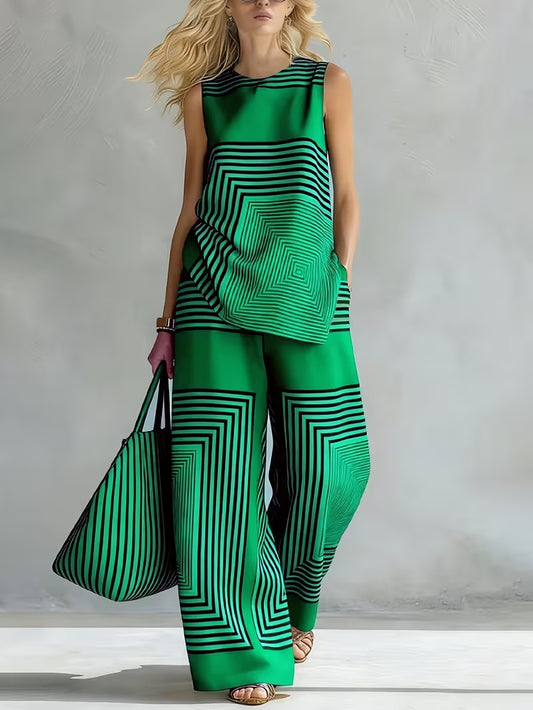 Women's Chic Striped Lounge Co-Ord Set with Slit Vest & Pants