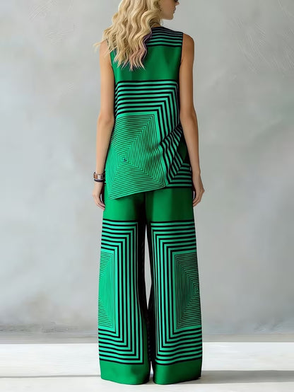 Women's Chic Striped Lounge Co-Ord Set with Slit Vest & Pants