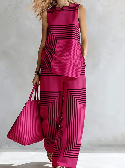 Women's Chic Striped Lounge Co-Ord Set with Slit Vest & Pants