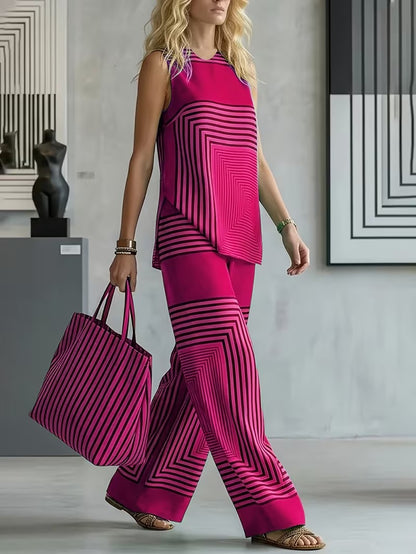 Women's Chic Striped Lounge Co-Ord Set with Slit Vest & Pants