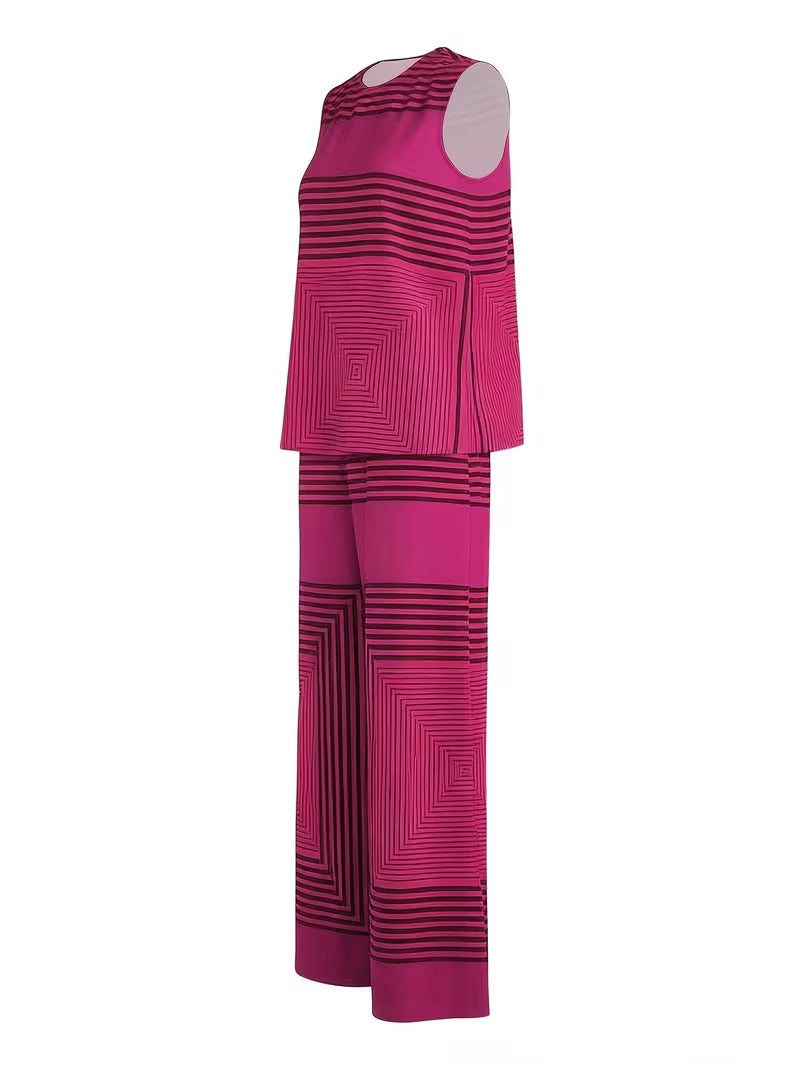 Women's Chic Striped Lounge Co-Ord Set with Slit Vest & Pants