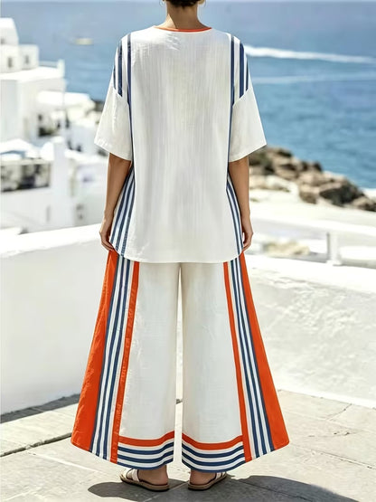 Women's Chic Striped Lounge Co-Ord Set with Slit Vest & Pants