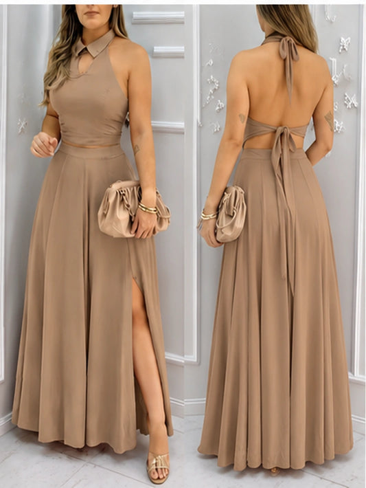 Elegant Halter Neck Co-Ord Skirt Set – Backless Crop Top & High-Slit Maxi Skirt