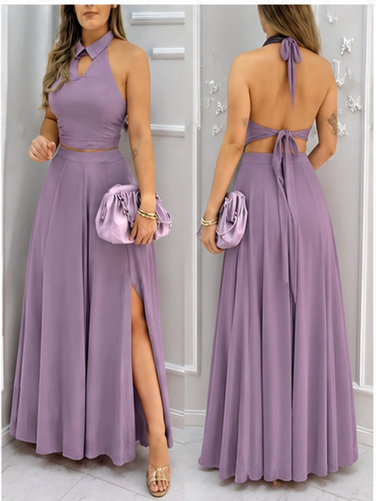 Elegant Halter Neck Co-Ord Skirt Set – Backless Crop Top & High-Slit Maxi Skirt