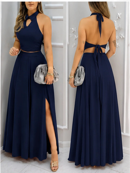 Elegant Halter Neck Co-Ord Skirt Set – Backless Crop Top & High-Slit Maxi Skirt