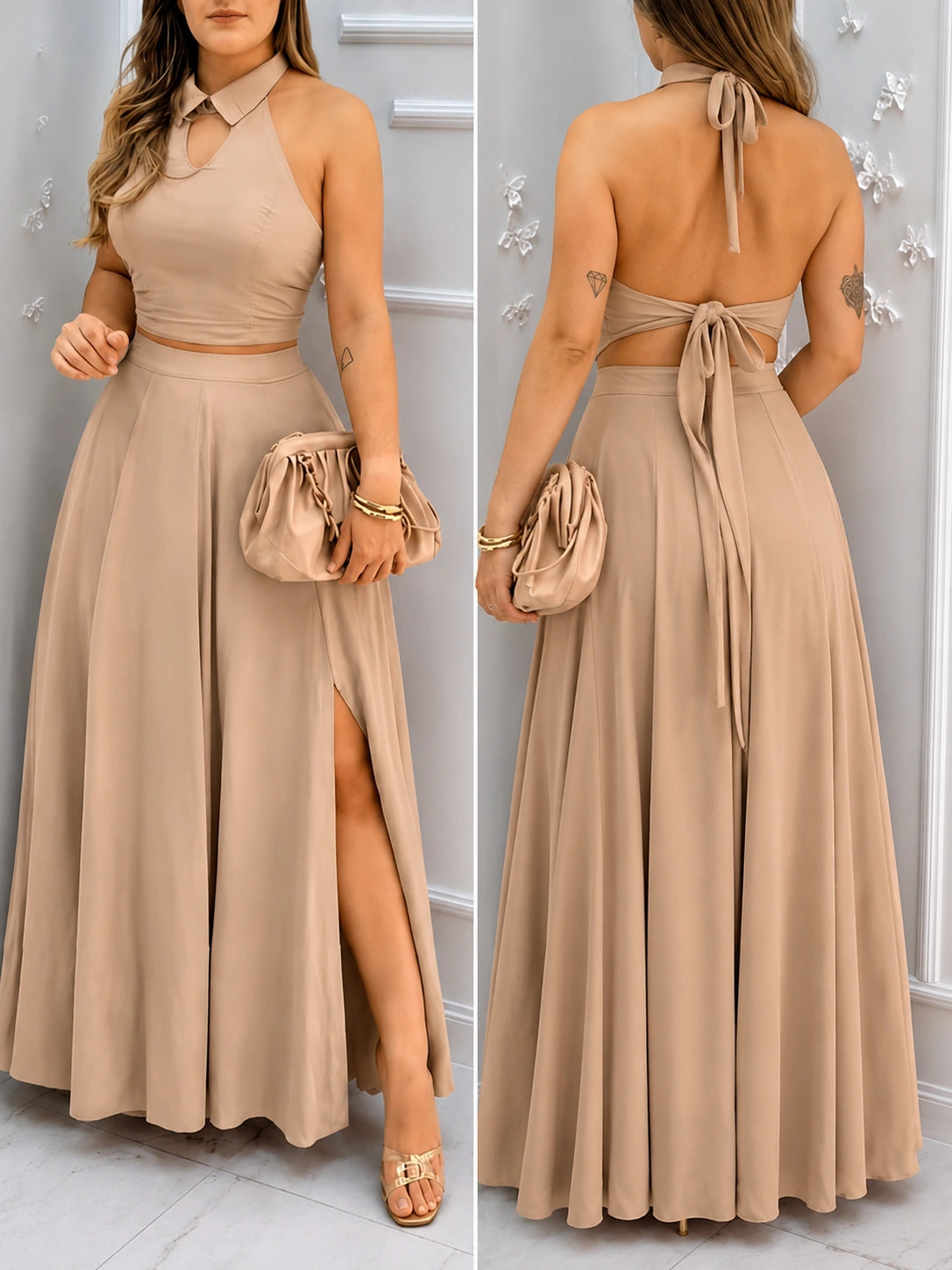 Elegant Halter Neck Co-Ord Skirt Set – Backless Crop Top & High-Slit Maxi Skirt