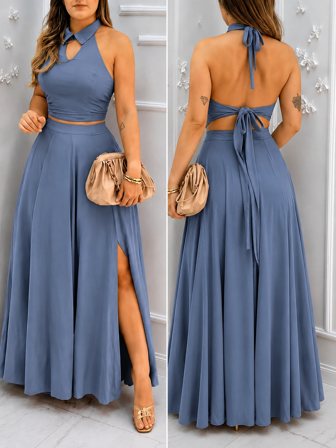 Elegant Halter Neck Co-Ord Skirt Set – Backless Crop Top & High-Slit Maxi Skirt