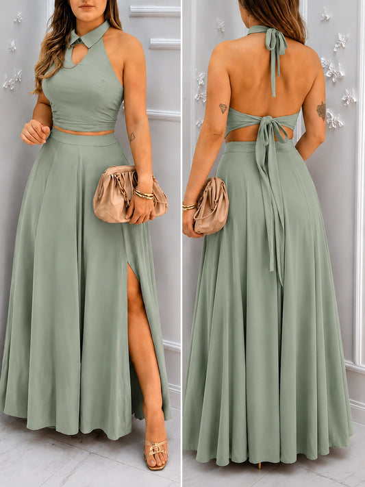 Elegant Halter Neck Co-Ord Skirt Set – Backless Crop Top & High-Slit Maxi Skirt