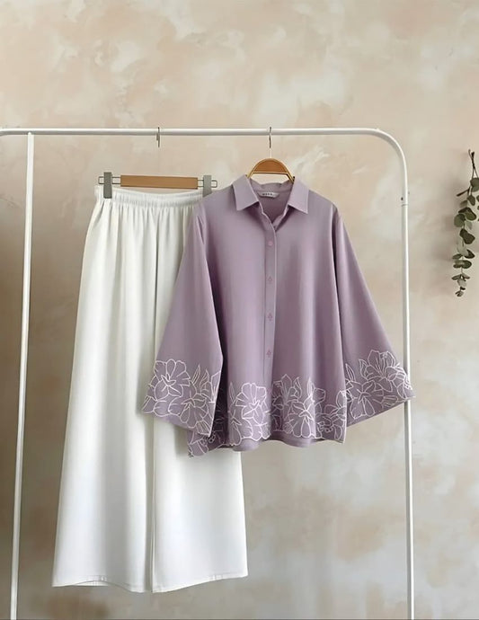 Women’s Floral Embroidered Shirt & Wide-Leg Pants Co-Ord Set