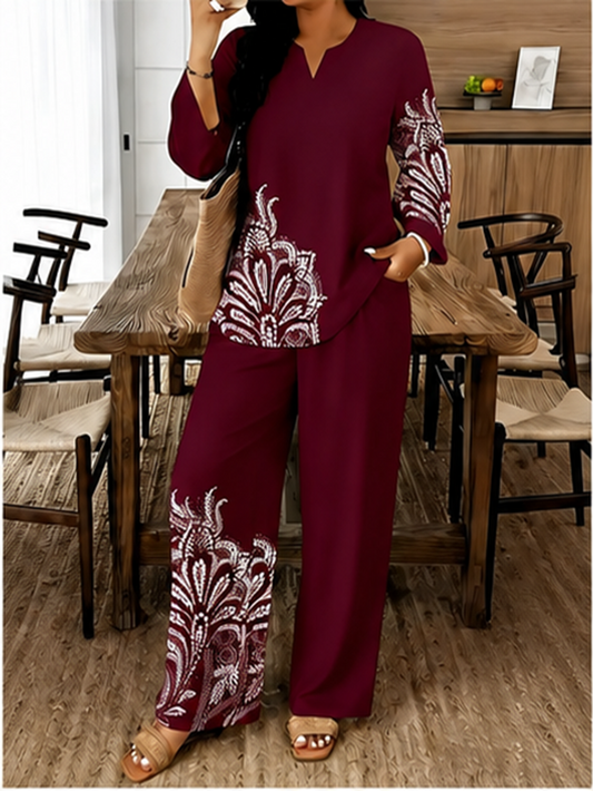 Vintage Paisley Co-Ord Set – V-Neck Blouse & Wide-Leg Pants for Effortless Everyday Style