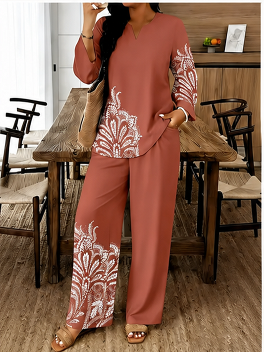 Vintage Paisley Co-Ord Set – V-Neck Blouse & Wide-Leg Pants for Effortless Everyday Style